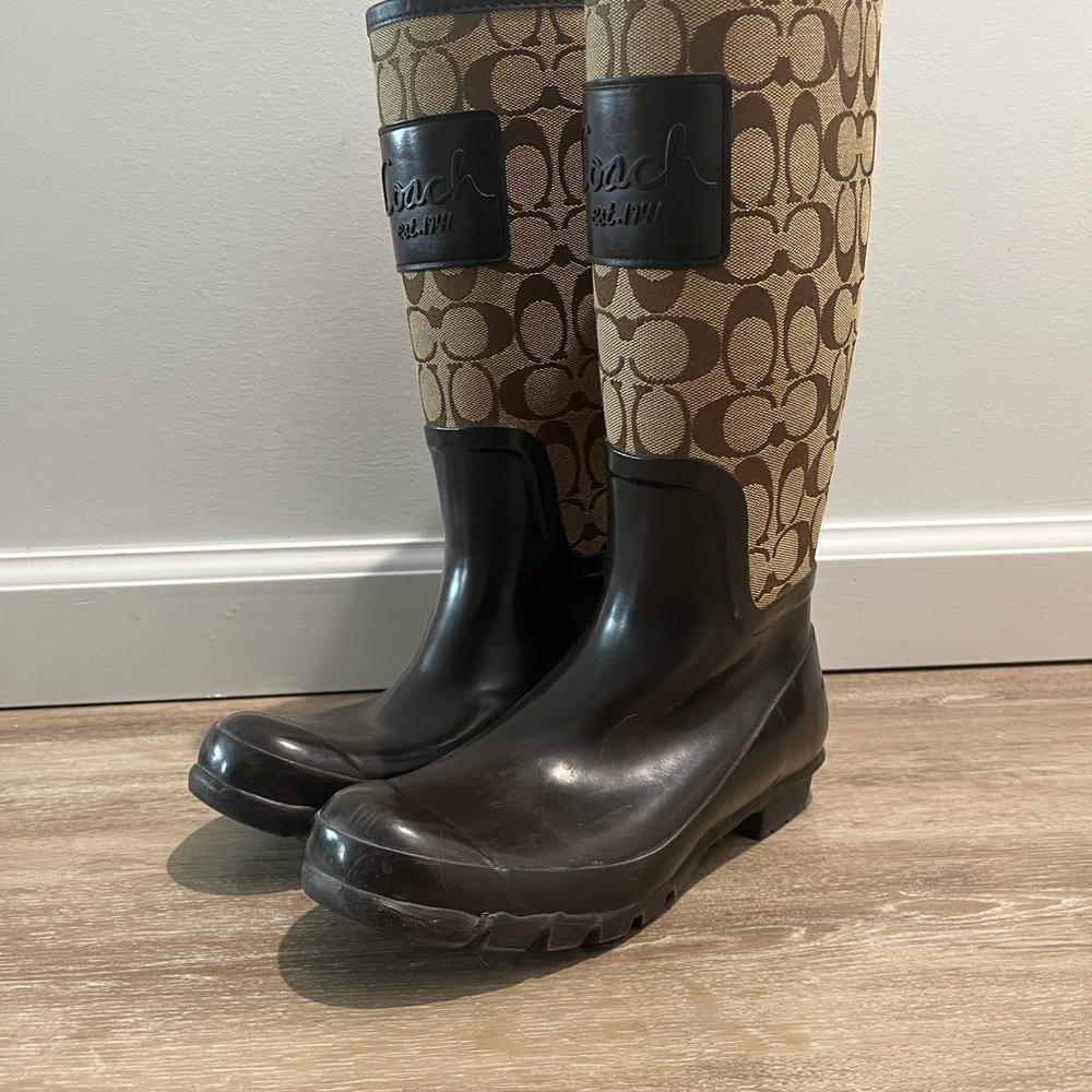 COACH Women’s Tall Rain Boots Size 6 - Brown With Logo Print - Waterproof Shoes